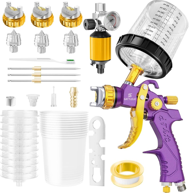 GATTLELIC HVLP Air Spray Gun with 1.4/1.7/2mm Nozzles & Air Compressor Regulator, Air Spray Paint Gun w/10pcs 600cc Mixing Cup and Lids, Automotive Paint Sprayer for Car, House Painting, Furniture (Purple) - Image 1